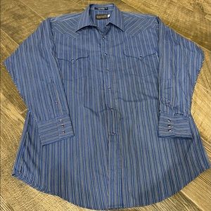 Panhandle Slim Western Shirt Men 16-34 Long Sleeve Pearl Snap Button Blue Stripe